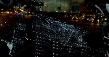 Image of interface with data processing against city traffic at night