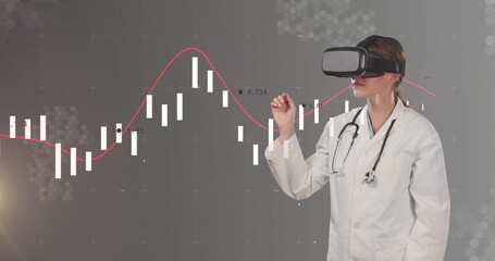 Image of financial data and graphs over caucasian female doctor in vr headset