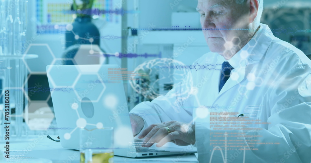 Poster image of data processing over caucasian male scientist in lab