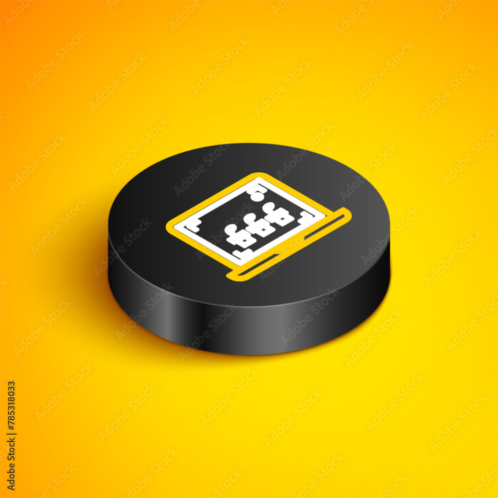 Poster isometric line smart farming technology - farm automation system icon isolated on yellow background.