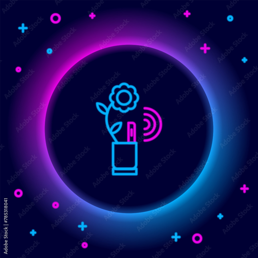 Poster glowing neon line smart farming technology - farm automation system in app icon isolated on black ba