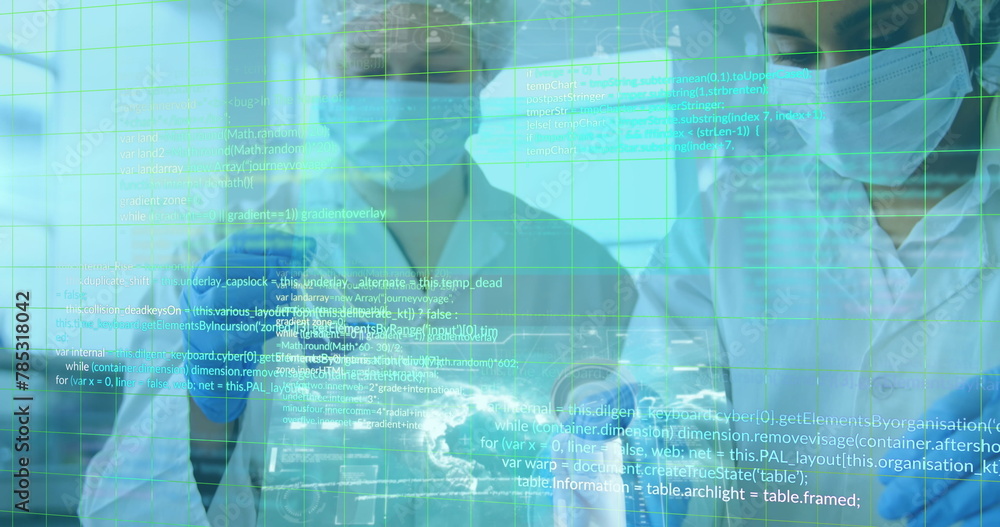 Poster grid lines and data processing over two caucasian female scientists in a laboratory