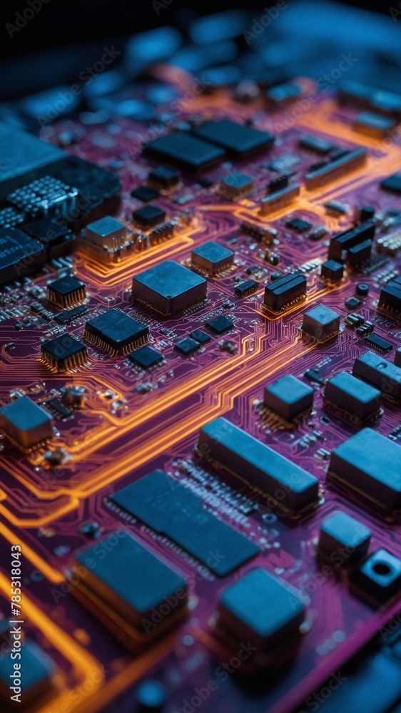 Aufkleber Intricate details of circuit board, illuminated to showcase vibrant orange, red pathways that interconnect various components. Each pathway meticulously designed.