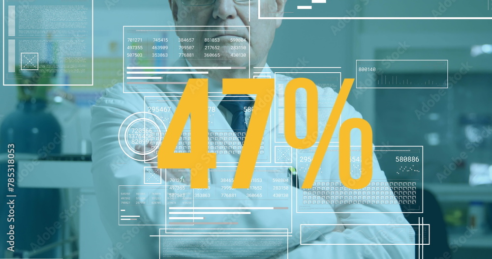 Poster image of data processing and percent over caucasian male scientist in lab