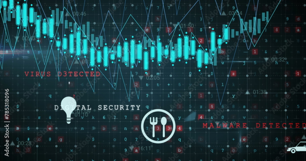 Wall mural image of data processing and icons on black background