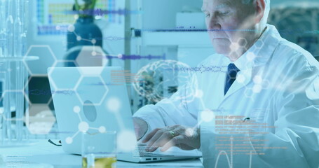 Image of data processing over caucasian male scientist in lab