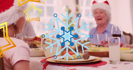 This image features a digital image of stars falling over a happy caucasian family wearing santa hat