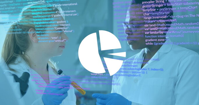 Image of data processing over diverse scientists in lab