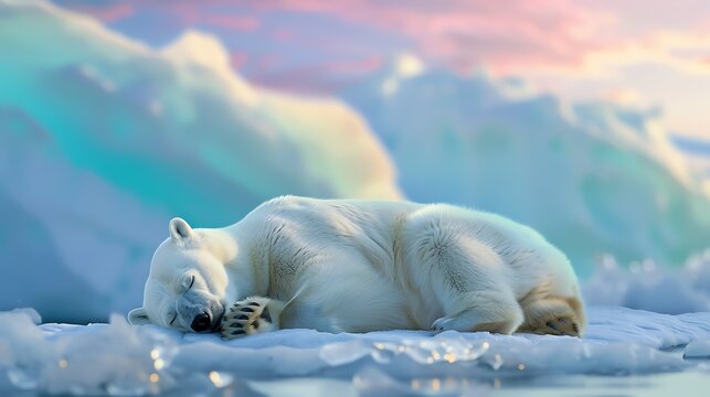 A polar bear sleeping on an ice floe, the sky is pastel blue and pink The bears fur should be white with no spots or stripes, it looks peaceful as if it just fell asleep In front of it there s a large