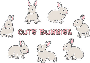 Cute playful little bunnies. Hand drawn cartoon baby rabbits in different poses isolated on white. Linear style with color blobs