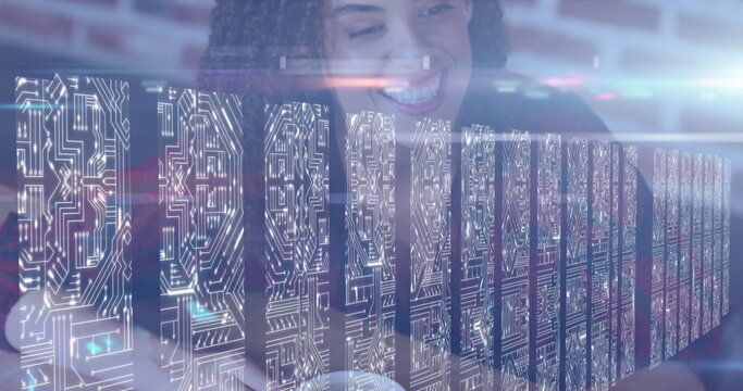 Image of light spots over biracial woman talking and drinking coffee - Powered by Adobe