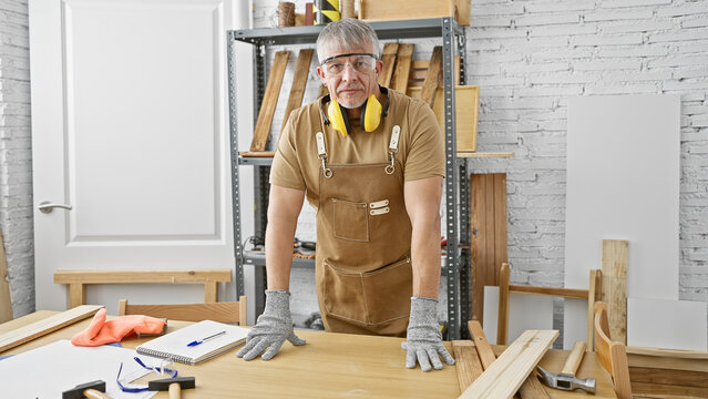 Middle-aged man in apron stands confidently in a bright carpentry workshop surrounded by wood, tools, and safety equipment.