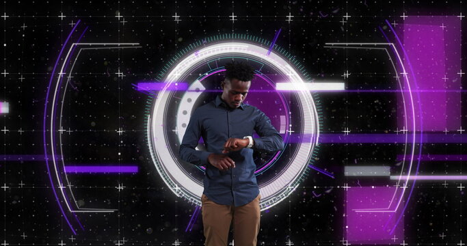 Image of scope scanning and data processing over african american businessman - Powered by Adobe