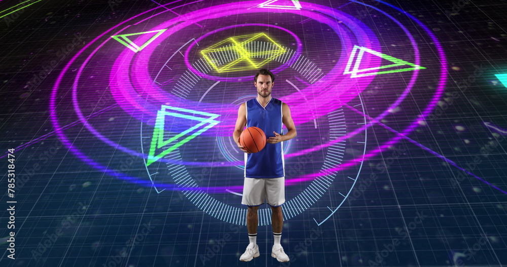 Poster image of scope scanning and data processing over caucasian basketball player
