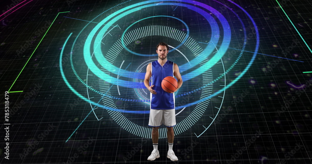 Poster image of scope scanning and data processing over caucasian basketball player