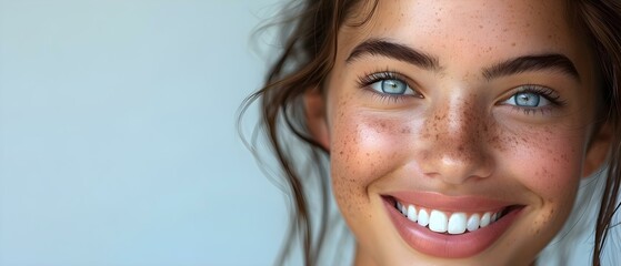 Beaming Beauty with Natural Glow - Minimalist Elegance.. Concept Natural Lighting, Neutral Tones, Simple Styling, Fresh Makeup, Radiant Smiles - obrazy, fototapety, plakaty