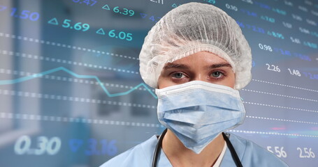 Image of financial data and graphs over caucasian female surgeon in face mask