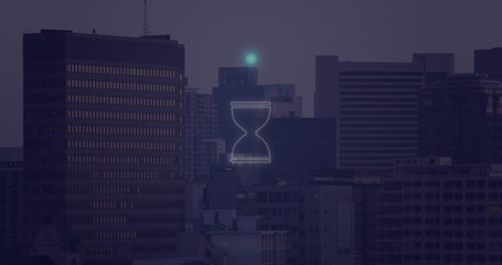 Image of hourglass icon over neon banner and stock market data processing against tall buildings