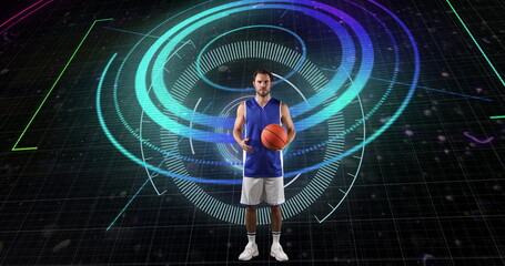 Image of scope scanning and data processing over caucasian basketball player