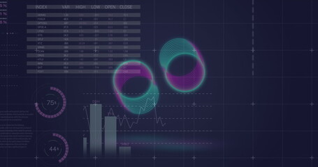 Fototapeta premium Image of neon rings spinning over statistical data processing against blue background