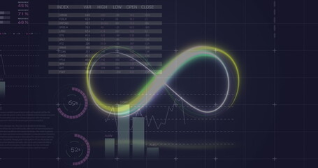 Image of neon infinity shape over statistical data processing against black background