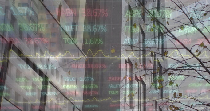 Image of stock market data processing against tall building