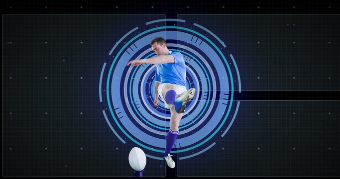 Image of scope scanning and data processing over caucasian rugby player