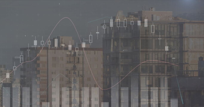 Image of financial and stock market data processing against tall buildings
