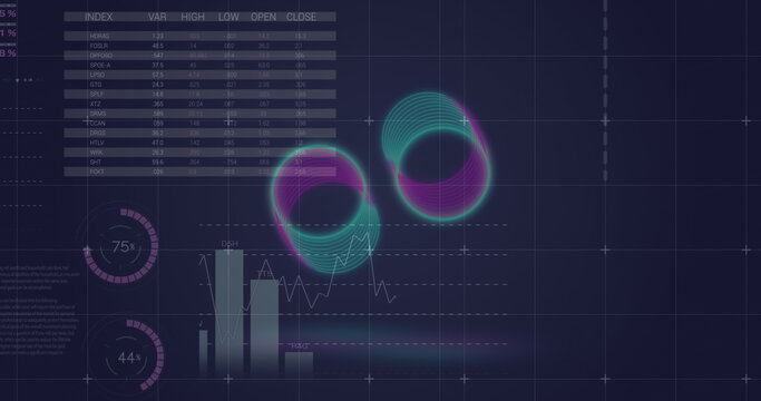 Image of neon rings spinning over statistical data processing against blue background - Powered by Adobe