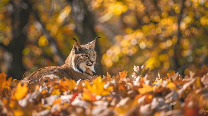 Bobcat: A bobcat stalking its prey, captured using a camouflage technique to blend with the fall leaves, set against a forest background with copy space