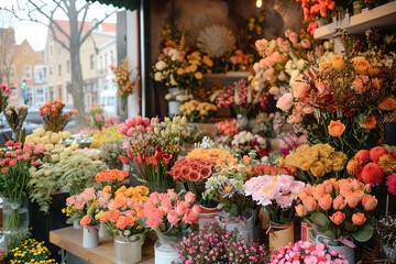 Fototapeta na wymiar Flower shop with lots of flowers. advertising