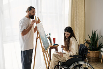 handsome bearded man watching his disabled beautiful wife on wheelchair painting on easel at home - obrazy, fototapety, plakaty