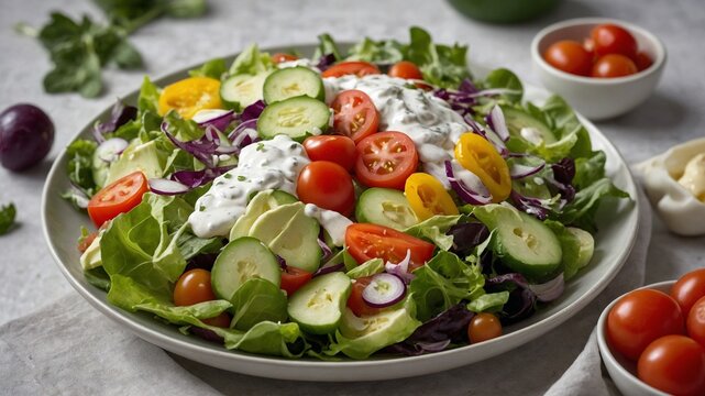 Vibrant mixed salad, served in large white bowl, rests on grey countertop, showcasing variety of fresh vegetables. Sliced cucumbers, halved cherry tomatoes add refreshing crunch to salad, their green.