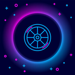 Glowing neon line Bicycle wheel icon isolated on black background. Bike race. Extreme sport. Sport equipment. Colorful outline concept. Vector