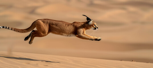 Caracal: A caracal mid-jump, frozen with high-speed photography to capture its powerful leap and tufted ears, set against a desert background with copy space