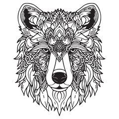 Mandala Coloring Page for Adults. Bear Head Zen Spiritual Relax Colouring Book Template.