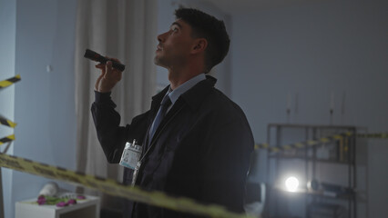 A young hispanic man investigates a crime scene indoors, flashlight in hand, conveying inquiry and...