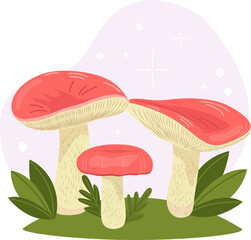 Vector illustration. Edible mushroom with a red cap in the grass. Russula mushroom.