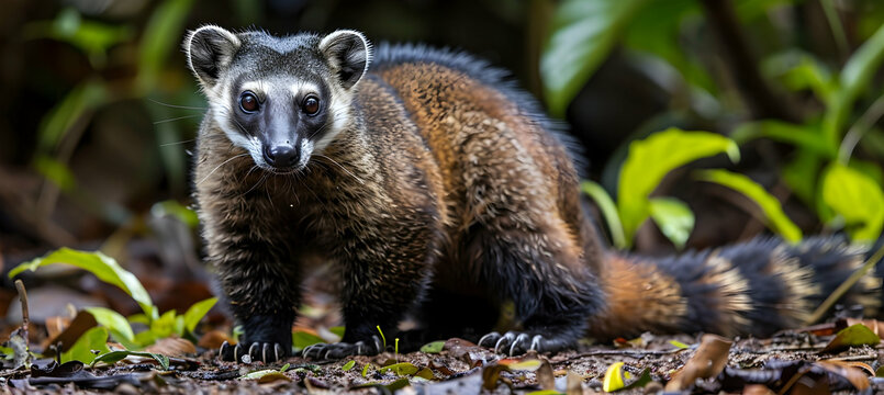 Coati: A coati foraging on the forest floor, captured with a ground-level camera to highlight its inquisitive nature and ringed tail, set against a lush forest background with copy space