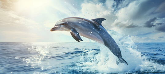Dolphin: A dolphin leaping from the water, shot with a burst mode to capture its dynamic arc and splashing water, set against a clear ocean sky background with copy space.