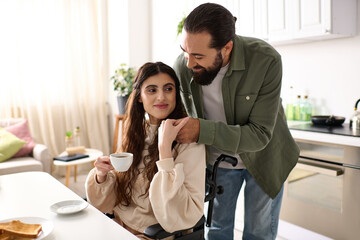 bearded loving husband hugging his disabled pretty wife during breakfast in kitchen at home