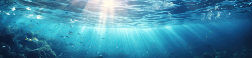 Obraz premium Sunlit azure depths. Sunlight filters through the clear blue ocean water, casting a mesmerizing glow on the underwater world below