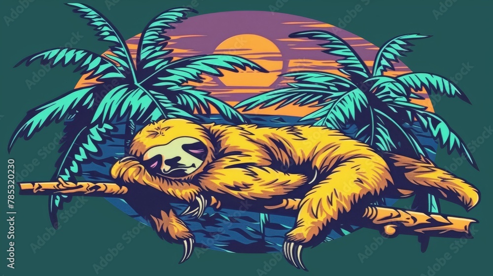 Poster a slothe rests on a palm tree branch during a sunset the scene includes palm trees and the sun setti