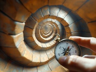A person is holding a compass in a spiral tunnel. The spiral tunnel is made of stone and the compass is pointing to the north