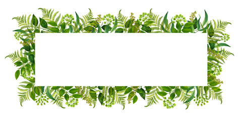 Watercolor frame of branches and leaves on a white background