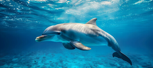 Dolphin: A playful dolphin photographed with underwater high-speed photography to capture its graceful movements, set against a deep ocean blue background with copy space.