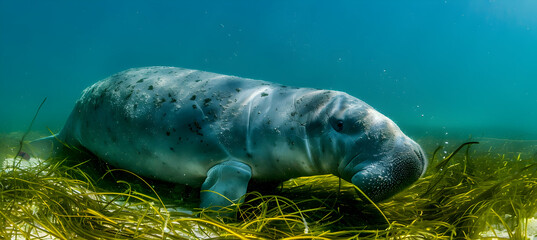 Dugong: A dugong grazing on sea grass, photographed underwater to show its gentle nature and bulky body, set against a clear sea floor background with copy space