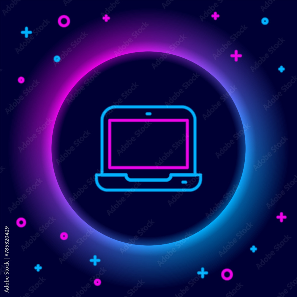 Poster glowing neon line laptop icon isolated on black background. computer notebook with empty screen sign
