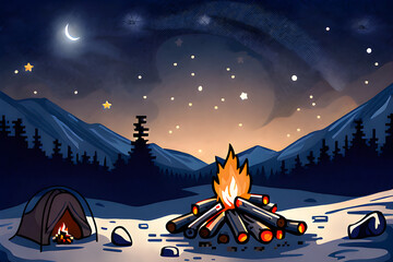 2D campfire night snow winter