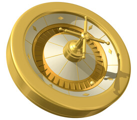 A casino roulette wheel with polished surface and radiant golden finish, evoking the opulence of exclusive gambling venues. 3D illustration